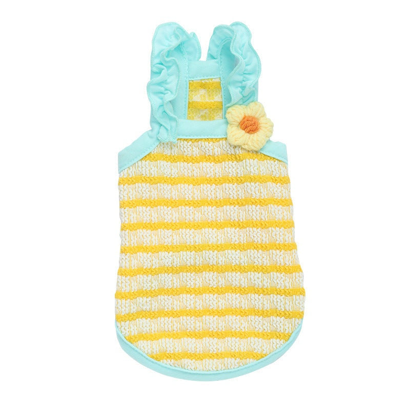 Summer cat apparel vest with yellow stripes and light blue suspenders, featuring a flower design for anti-shedding.