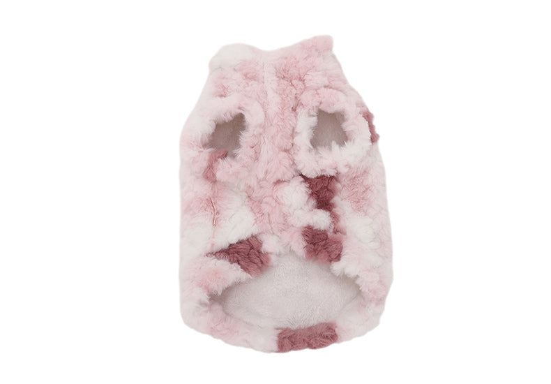 Fluffy pink and white cat winter outfit for anti-shedding and warmth.