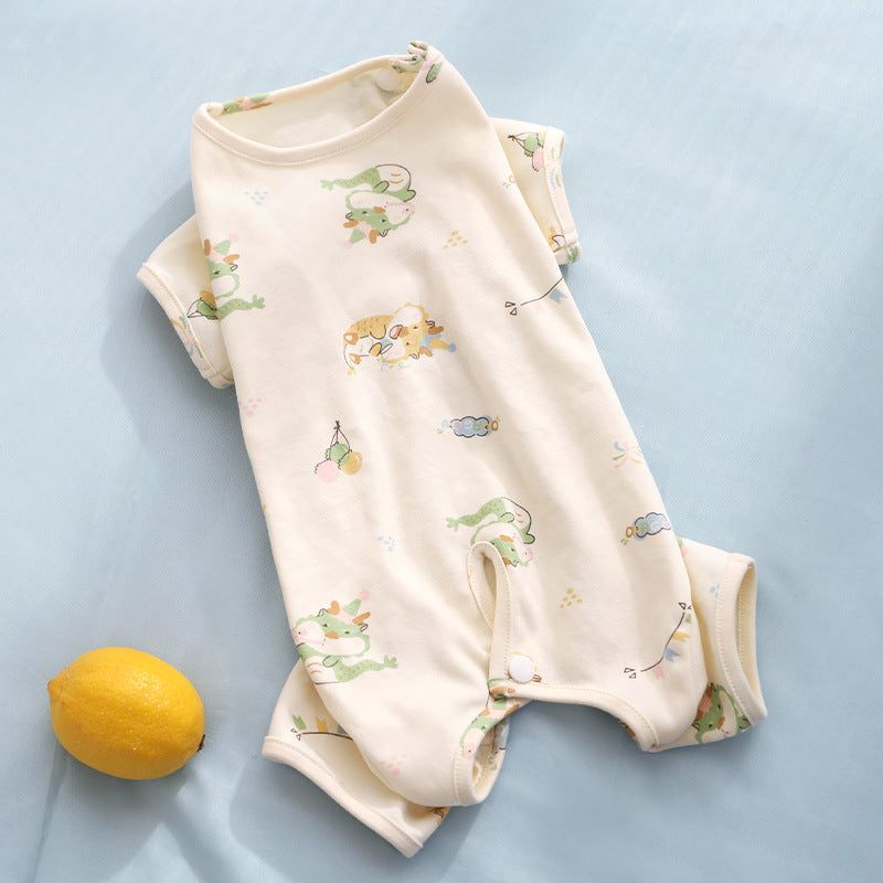 Thin breathable full-cover cat suit with playful patterns for summer, featuring a lemon decoration.