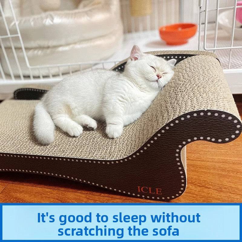 Big cat sleeping on durable claw board scratching lounger.