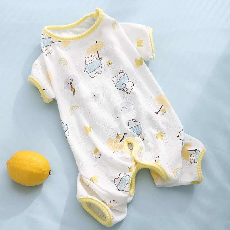 Summer cat clothing, anti-shedding breathable full-cover suit for kittens, featuring fun prints, on a light background.