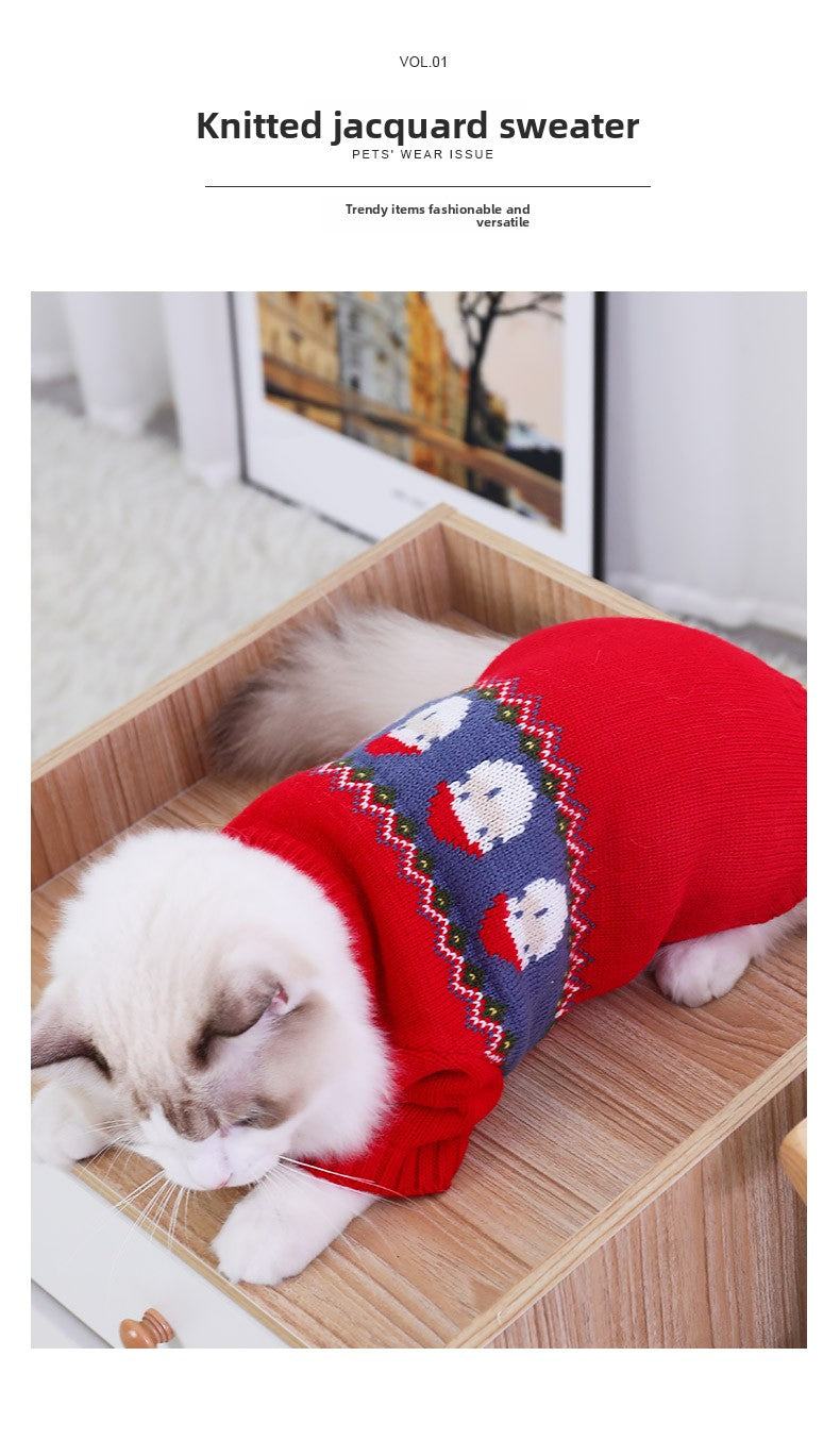 Cat wearing red Christmas sweater with festive pattern, showcasing pet clothing for winter.