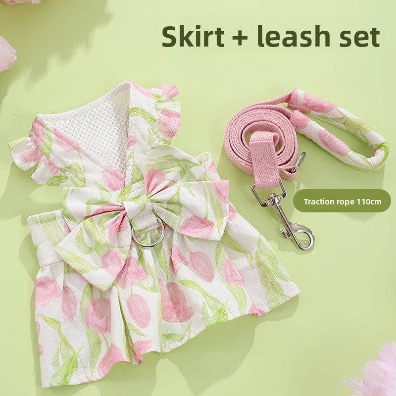 Cat clothing leash set with pink floral dress and matching leash.