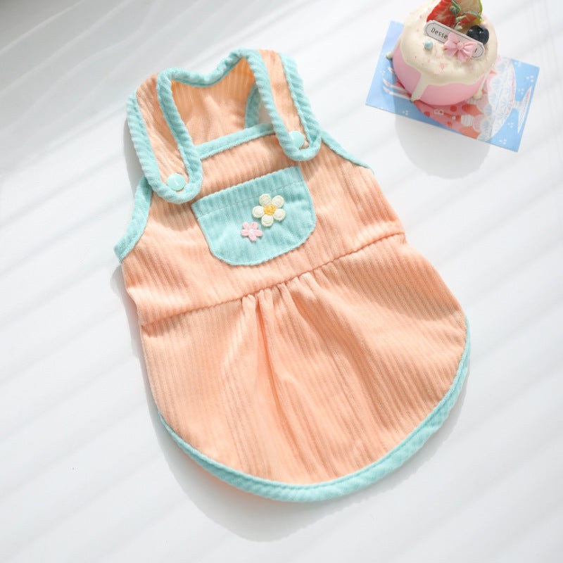 Pet cat summer kitten dress in peach and blue with floral details, anti-shedding design.