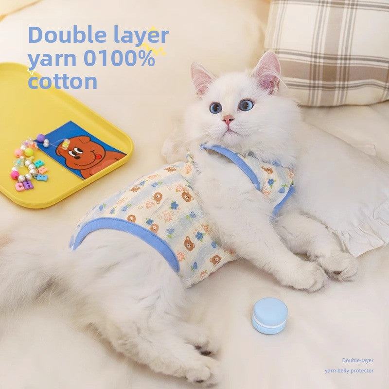 Kitten wearing cotton anti-hair loss belly cover for summer.