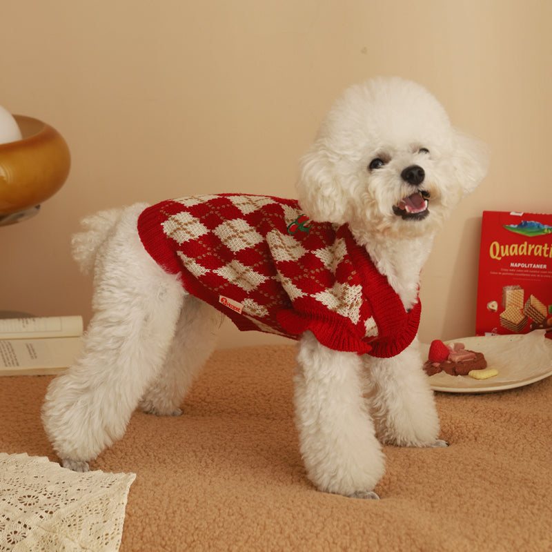 Warm red and white checkered sweater for pets, perfect for New Year celebrations.