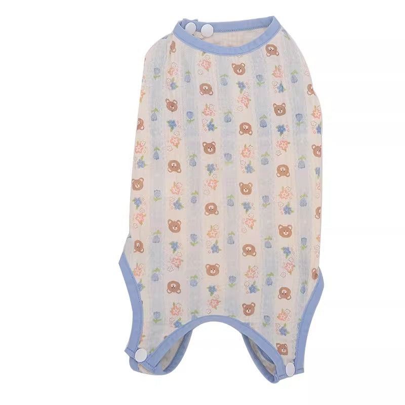 Kitten wear anti-hair loss belly cover with cute pattern, cotton fabric, blue trim.