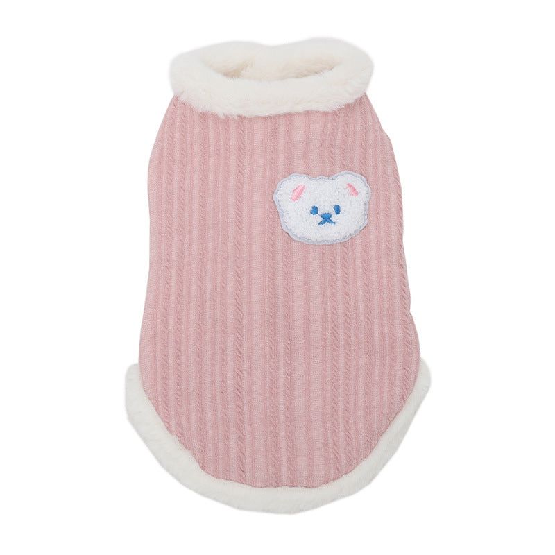 Cozy pink winter vest for kittens with cute bear patch, ideal for Ragdoll and small cats.