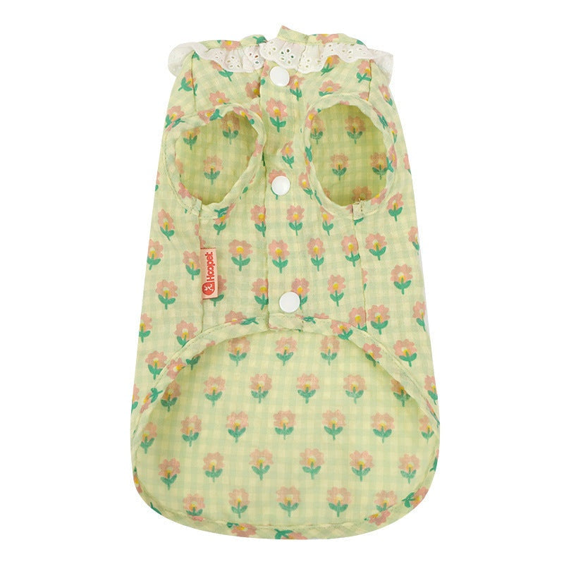 Summer thin anti-shedding vest for kittens in blue with floral pattern.