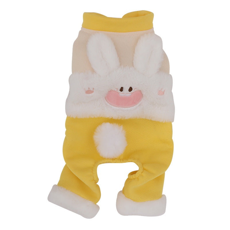 Cute four-legged cat clothes for autumn and winter, featuring warm, anti-shedding design in a playful yellow and white style.