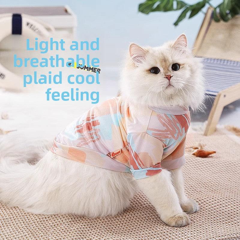 Cat wearing a light, breathable vest for hair loss prevention in summer.