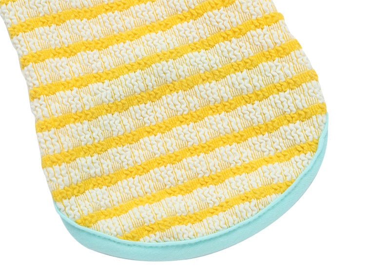 Yellow and white striped summer cat apparel vest with turquoise trim.