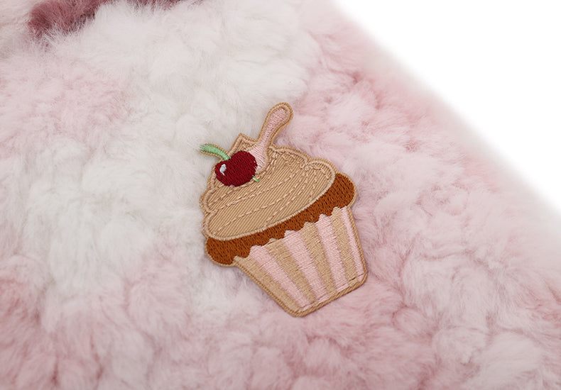 Winter cat clothes with cupcake design, warm fuzzy pink and white fabric, ideal for Ragdoll and British Shorthair kittens.