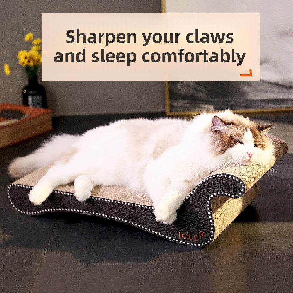 Wear-resistant cat scratching lounger with a relaxed cat, promoting claw sharpening.