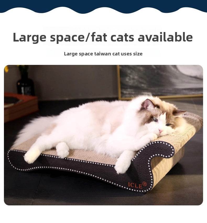 Large white cat lounging on Big Cat Claw Board scratching lounger with wear-resistant design.