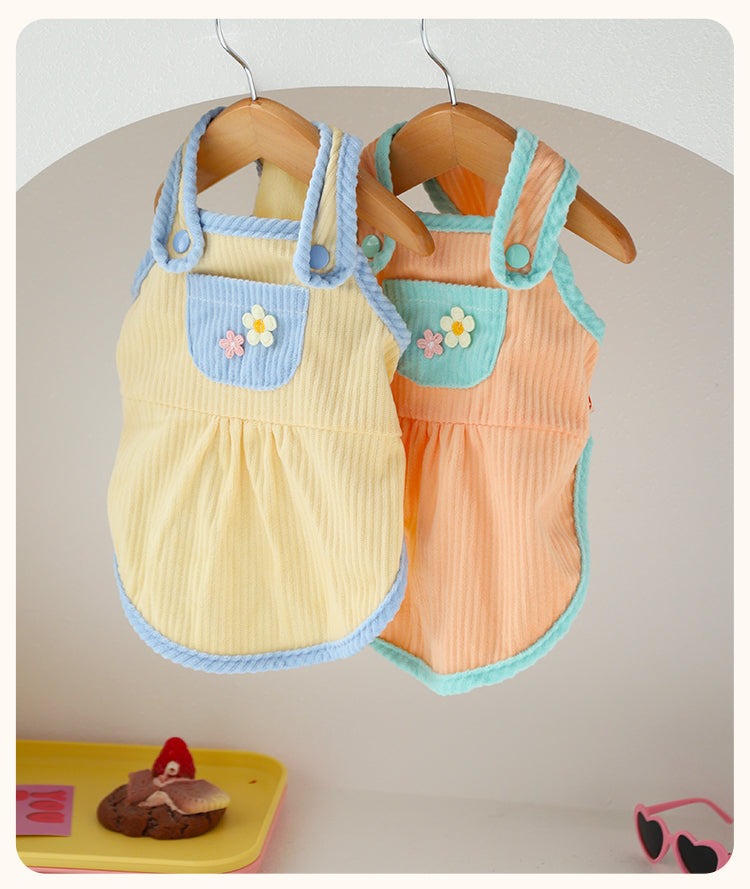 Pet cat summer kitten dress in pastel colors with floral accents, anti-shedding vest.
