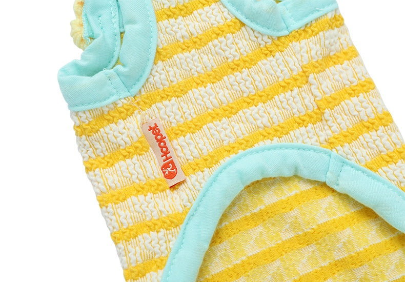 Yellow and light blue striped cat vest for summer, designed to prevent shedding.