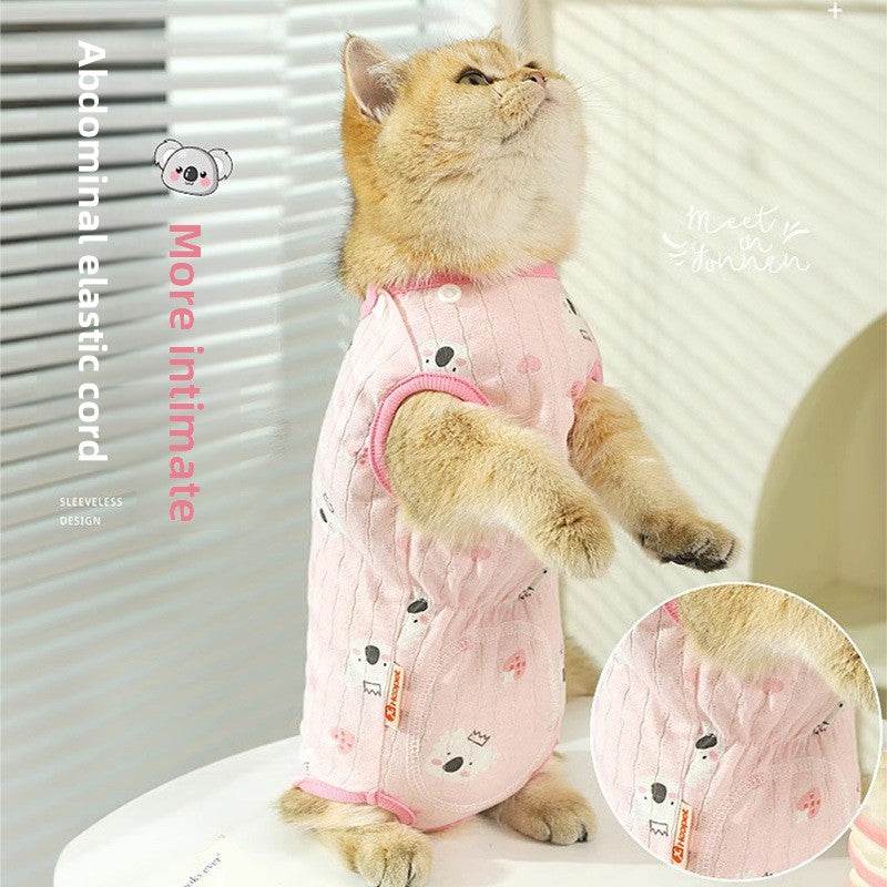 Cat wearing anti-shedding clothes with elastic cord design.
