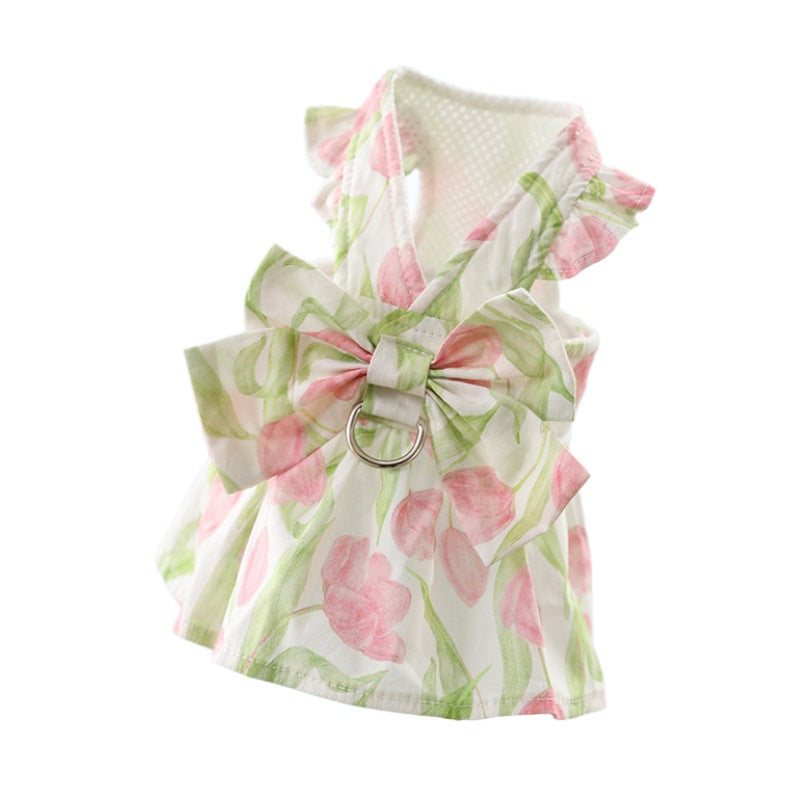 Floral cat dress with leash attachment and pink accents.