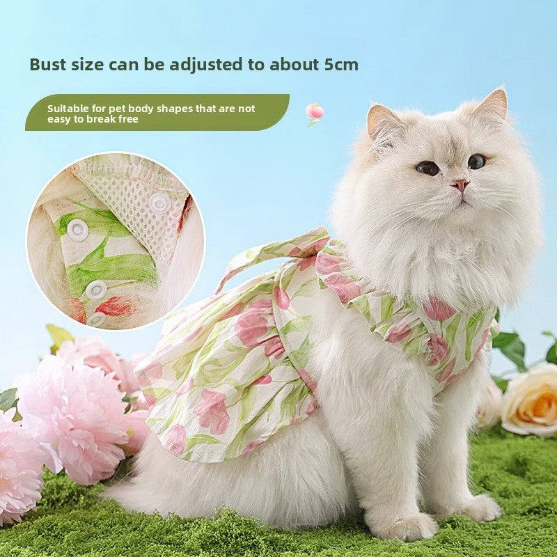 Cat in floral dress with adjustable bust, perfect summer pet clothing.