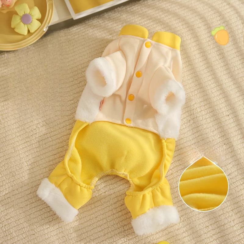 Cat clothes autumn-winter, warm anti-shedding four-legged pet wear in yellow and white.