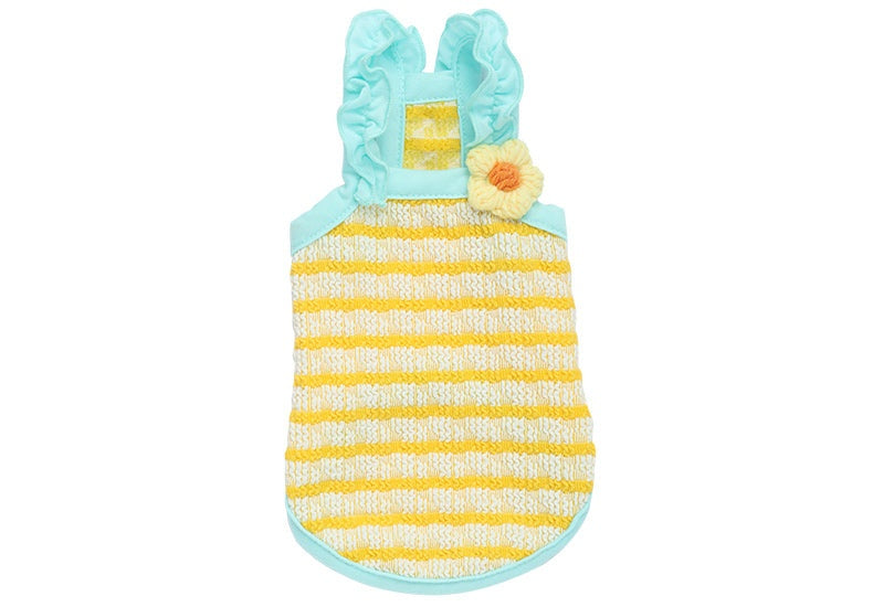 Summer cat apparel with yellow and blue stripes, featuring a flower embellishment on a suspender-style vest.