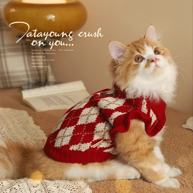 Cat wearing a red and white checkered sweater for New Year.