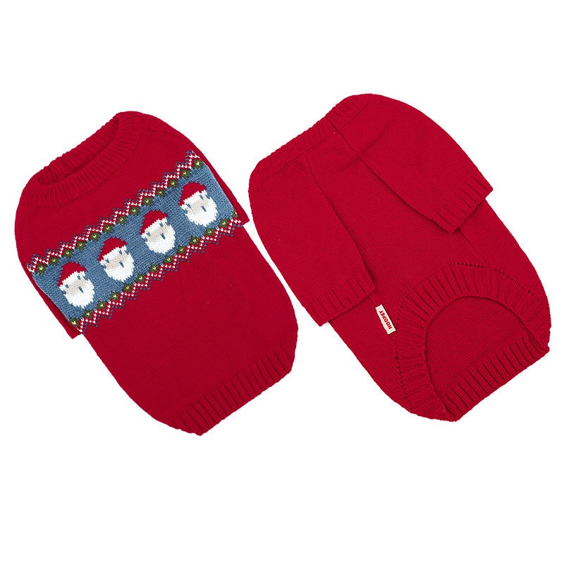 Red cat Christmas sweater with festive Santa design, perfect winter pet clothing.