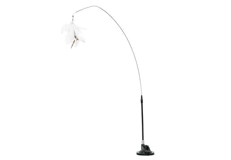 Steel wire cat teaser toy with feather and suction cup.