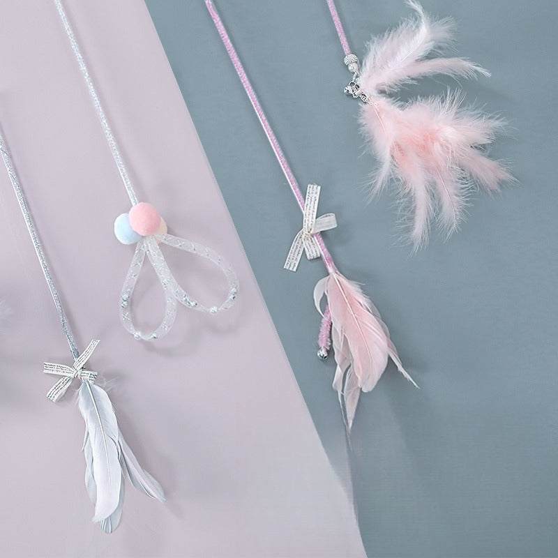 Cat teaser wand toys with feathers and bells for pet amusement.