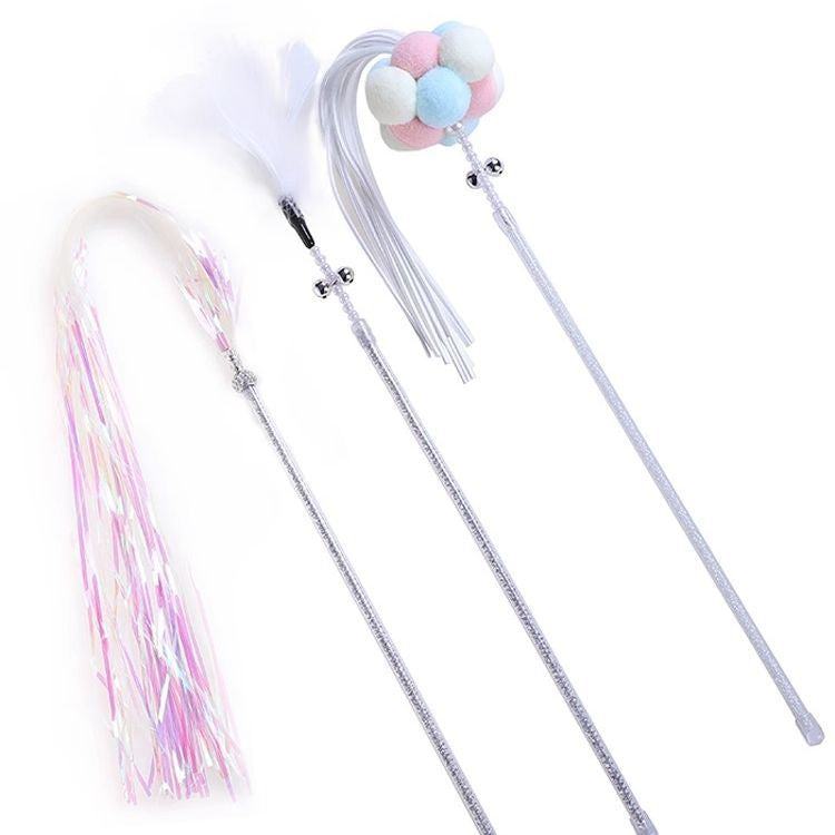 Cat teaser wand toy with bells and feathers for kitten amusement.