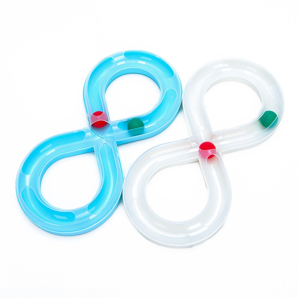 Interactive cat toy set with blue and white spinning wheel tracks designed for kittens, British Shorthair, and Ragdoll cats.
