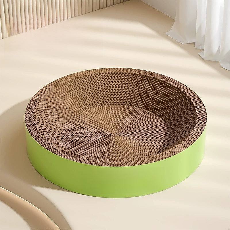 Durable cat scratch board bed - non-shedding, eco-friendly combo in light green.