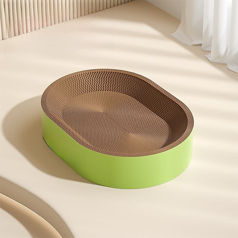 Durable cat scratch board bed in green with non-shedding eco-friendly design.