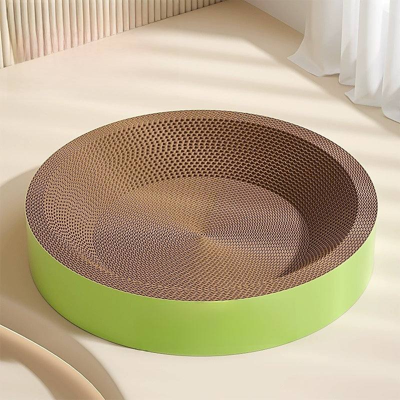 Durable cat scratch board bed in green, eco-friendly and non-shedding.