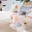 Cat wearing a colorful summer vest designed to reduce hair loss.