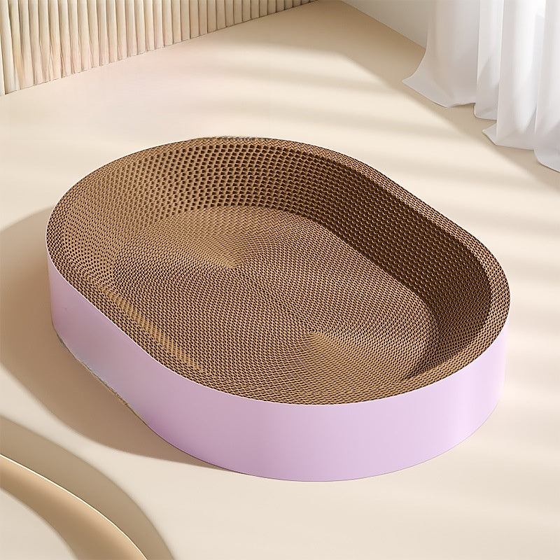 Durable cat scratch board bed with eco-friendly materials and non-shedding surface.