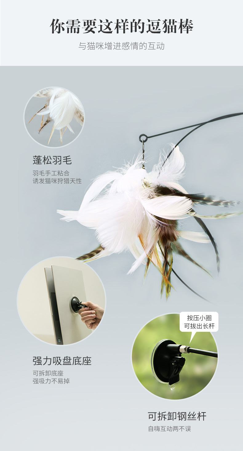 Cat toy with feather teaser on durable steel wire and suction cup base.