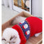 Cat wearing red Christmas sweater with festive pattern, showcasing pet clothing for winter.