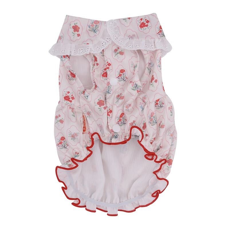 Vintage style summer pet cat dress, breathable with cute floral pattern and red accents, ideal for anti-shedding in warm weather.