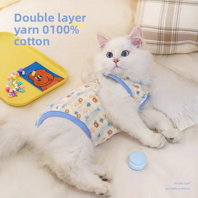 Kitten wearing cotton anti-hair loss belly cover for summer.