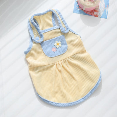 Pet cat summer kitten dress with blue trim and flower design.