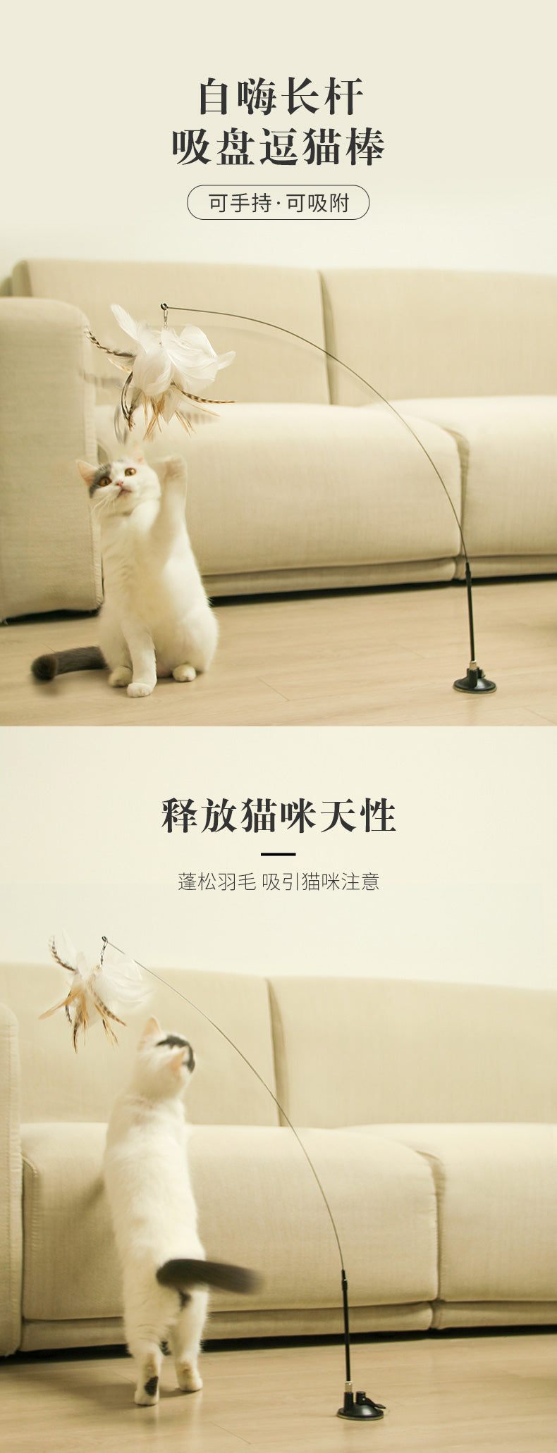 Cat playing with steel wire teaser feather toy, featuring durable pole and suction cup for self-amusement.