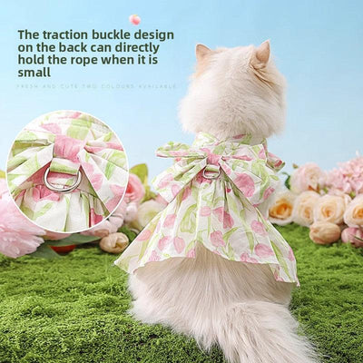 Cat wearing a pink and green floral dress with a back traction buckle, perfect for summer outings.