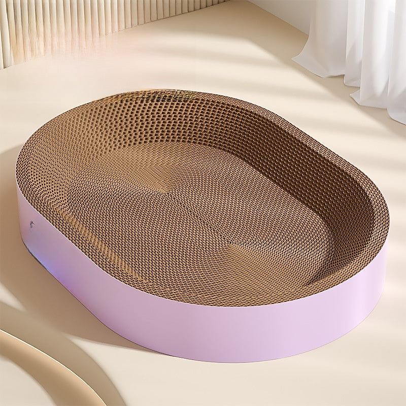Eco-friendly durable cat scratch board bed in a pastel pink oval design, perfect for non-shedding comfort.