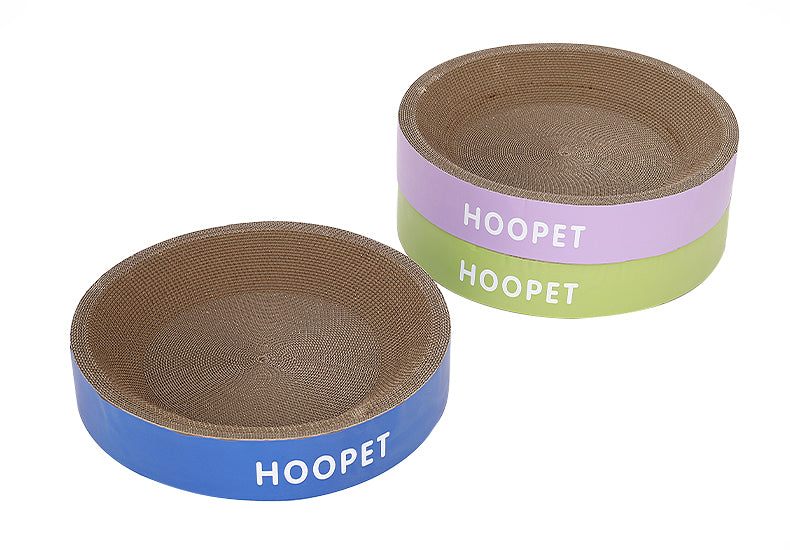 Eco-friendly durable cat scratch board bed combo in blue, purple, and green.