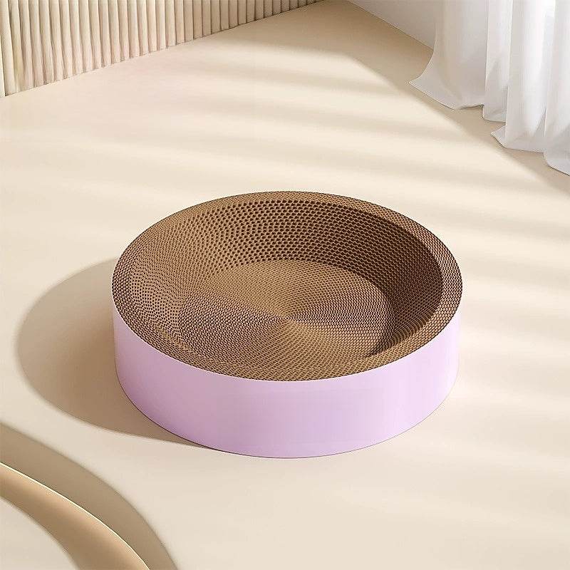Durable cat scratch board bed, non-shedding, eco-friendly, pink border.
