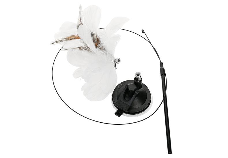 Steel wire teaser with feather, suction cup, and long pole for cat amusement.