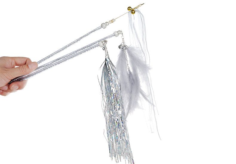 Cat teaser wand toy with silver and white feathers and bells for self-amusement.