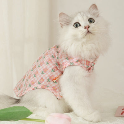 Summer thin anti-shedding vest for kittens in pink checkered pattern with green accents.